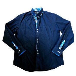 Toms Ware Mens XL Black Button Down Shirt Blue Pink Plaid Contrast Trim Long Slv
